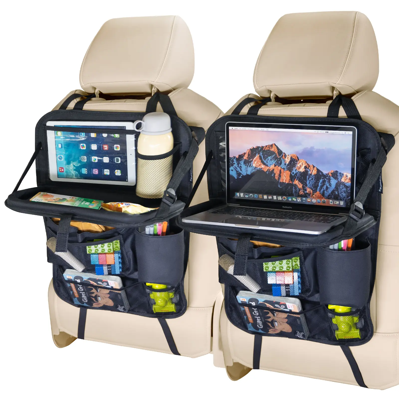【DealsForYouDays】2 Pack Car Backseat Organizer with Foldable Table Tray, Phone Holder, Cup Holder, Multiple Storage Pockets,Car Seat Back Protectors Kick Mats For All Vehicles, beverage holder, family travel