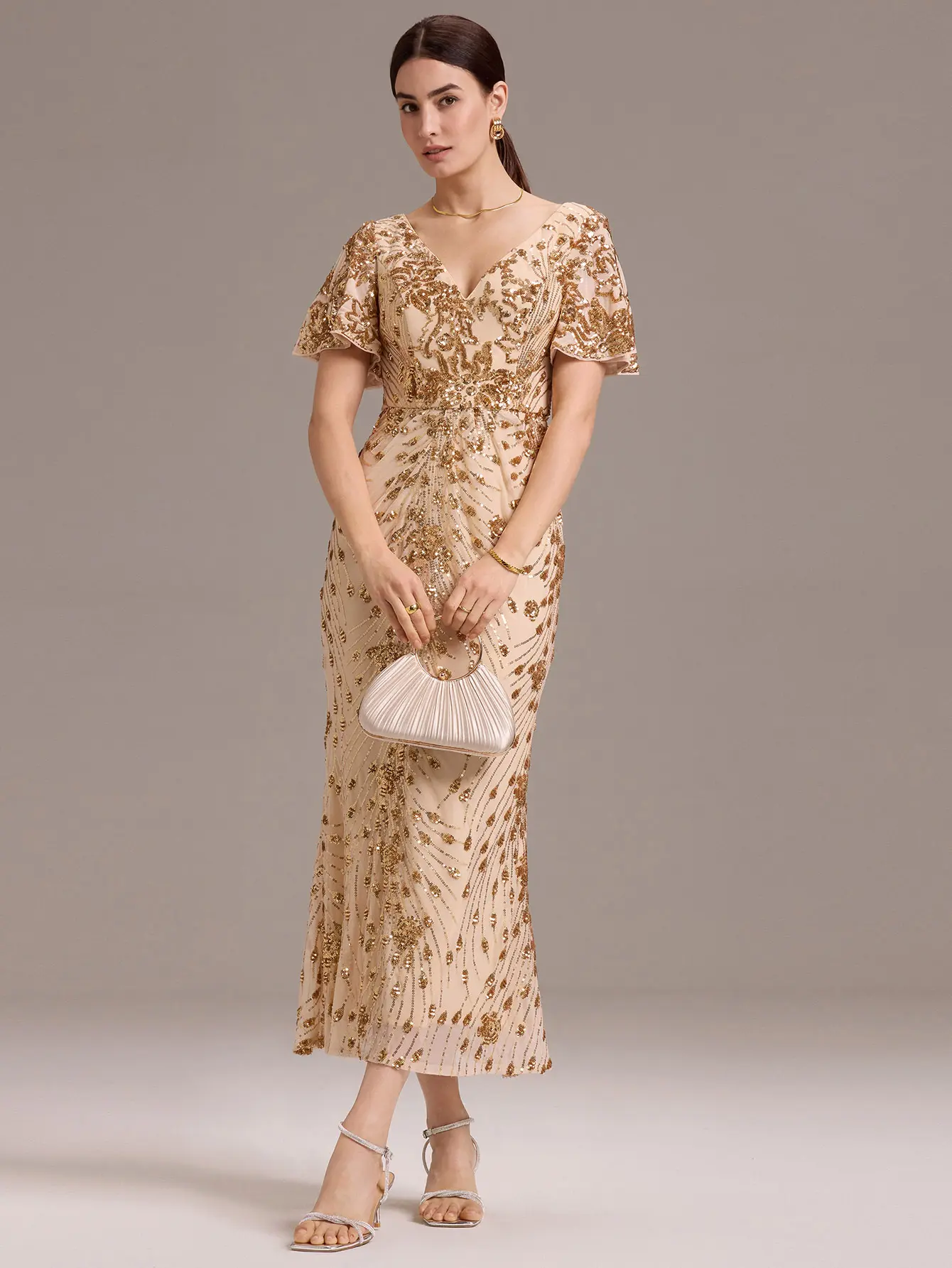Ever-Pretty Holiday dress Sequin Midi Dress 2026 - Flattering Fit with Flowy Sleeves V-Neckline Short Flounce Sleeves Slim-Fit Design All-Over Sequin Embellishment for Glamorous Look,Evening dress,Formal dress, Womenswear,corset dress 02370