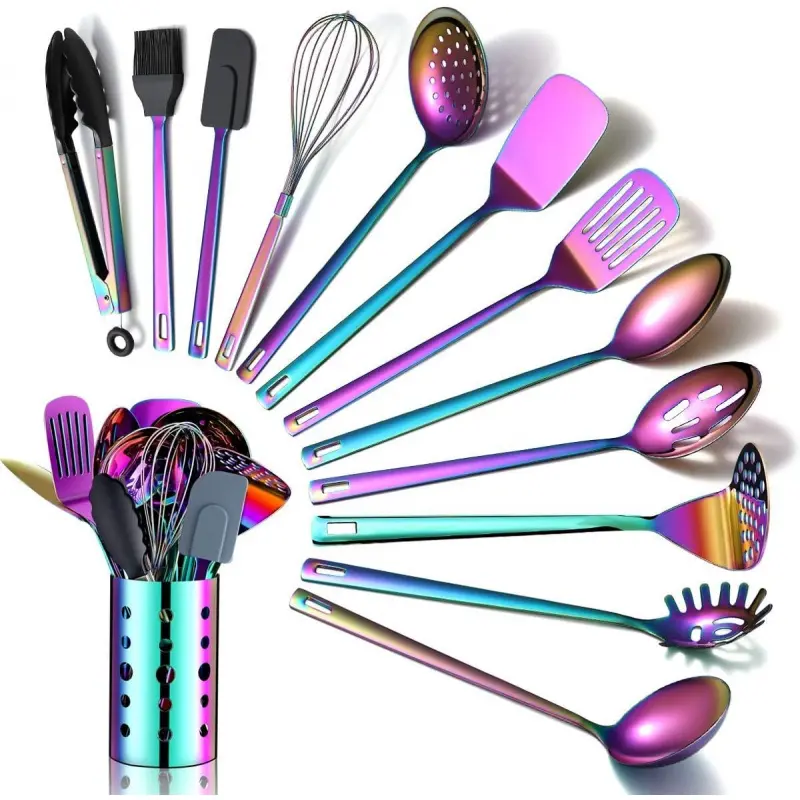 13-Piece Rainbow Finish Titanium-Plated Stainless Steel Kitchen Utensils Set Pack with Holder, Turner & Various Tools, Dishwasher Safe for Non-Stick Cookware Use, 13 Pieces, Cooking