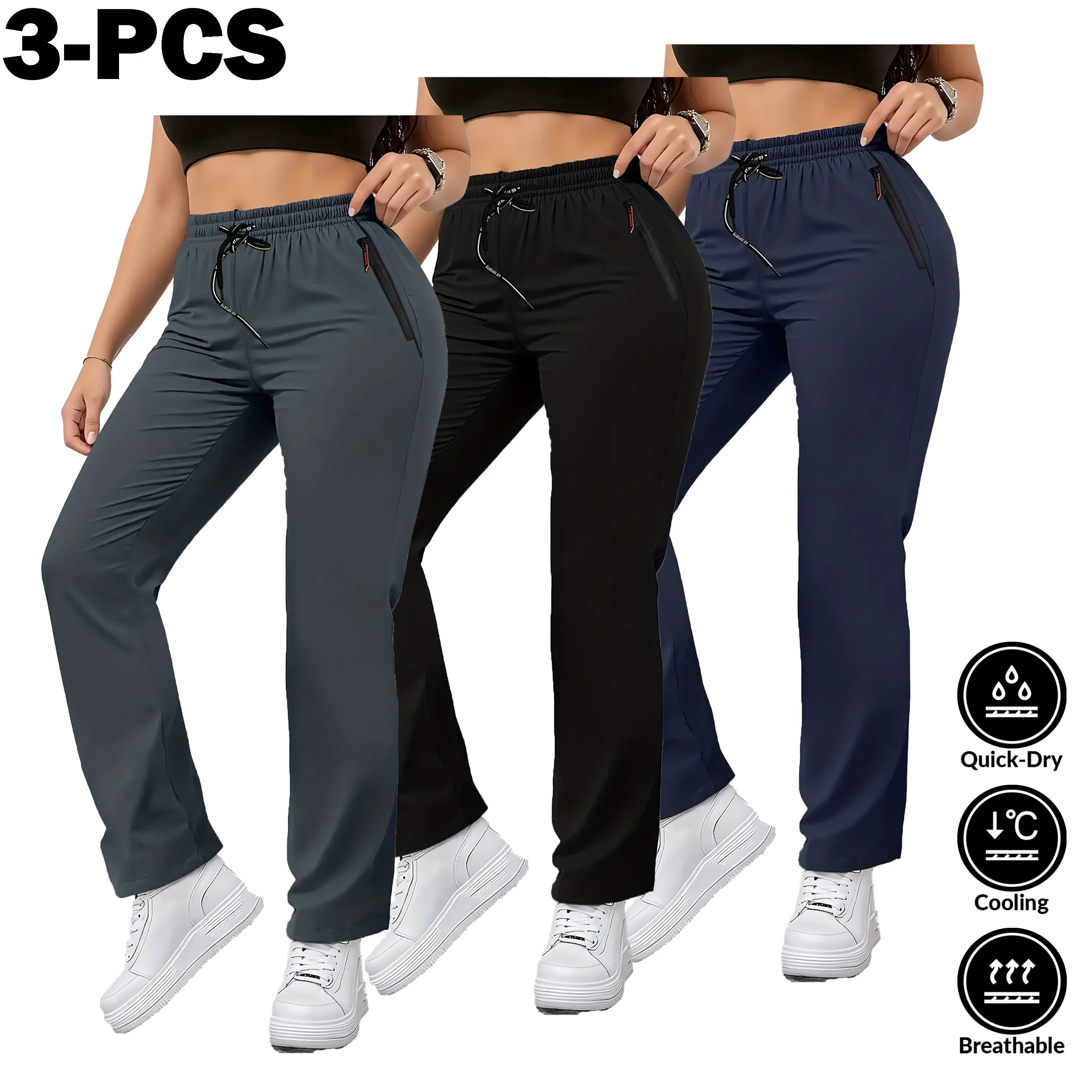 Women's Polyester Training Pants, 3-Pack Athletic Joggers for Sports, Quick-Dry Breathable Casual Trousers, Polyester Pants, Sports Pants, Quick Drying Joggers