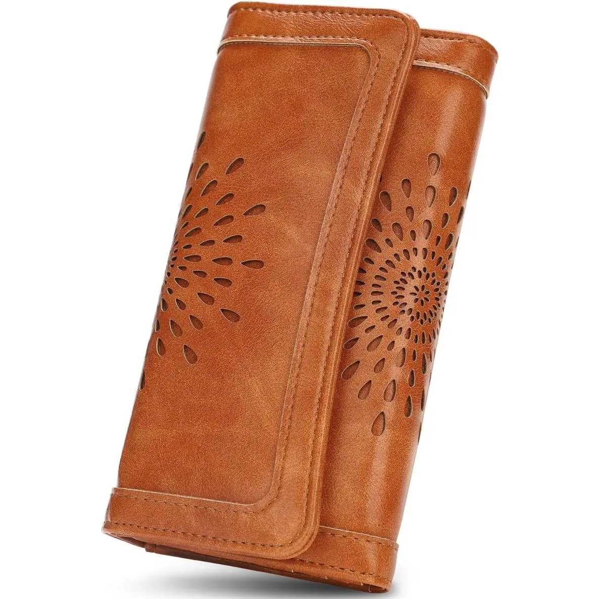 Womens Wallets RFID Blocking Leather Clutch Long Wallet for Women Card Holder Phone Organizer Ladies Travel Purse Hollow Out Sunflower Design