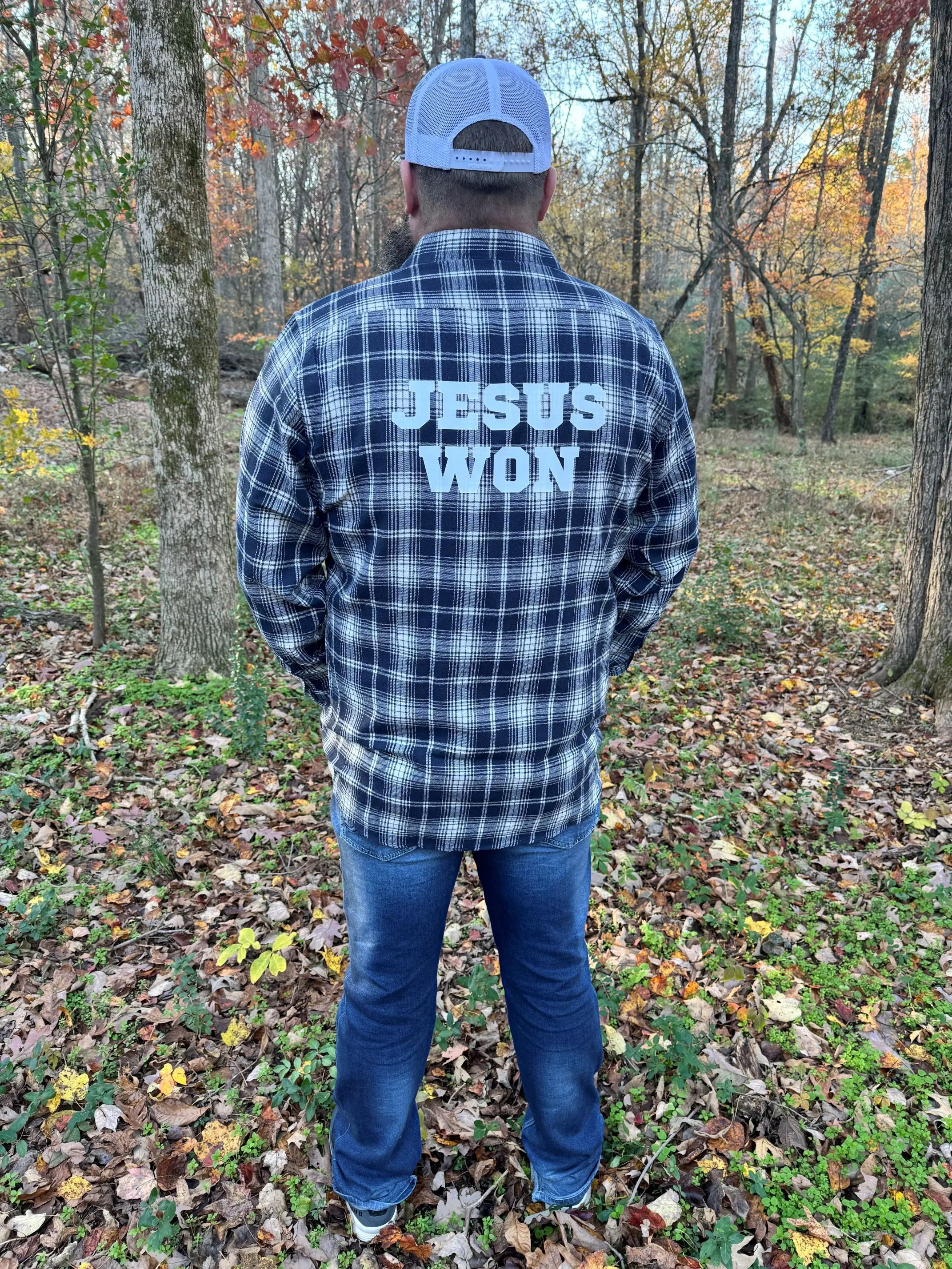 Holy Beardz Flannel Long Sleeved Button Up- Navy & White Adult Men's "Jesus Won"