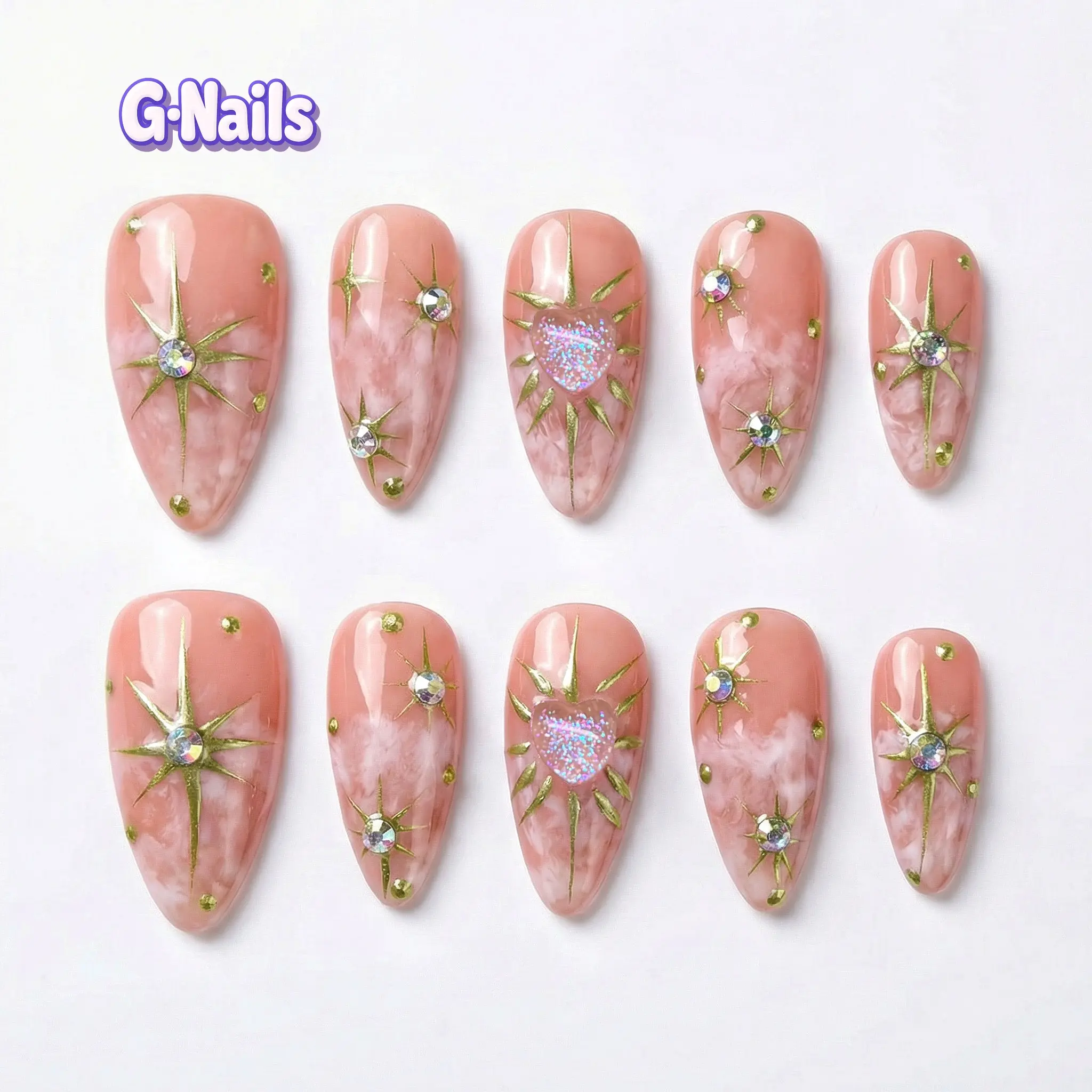 G Nails A08 Cinnamon Pink Glitter Heart Decorative Press On Nails - 10 Pcs Handmade 3D Almond Nails, Reusable (with Basic Tool Kit), Decorative Nails, Press On Nails (With Basic Tool Kit)