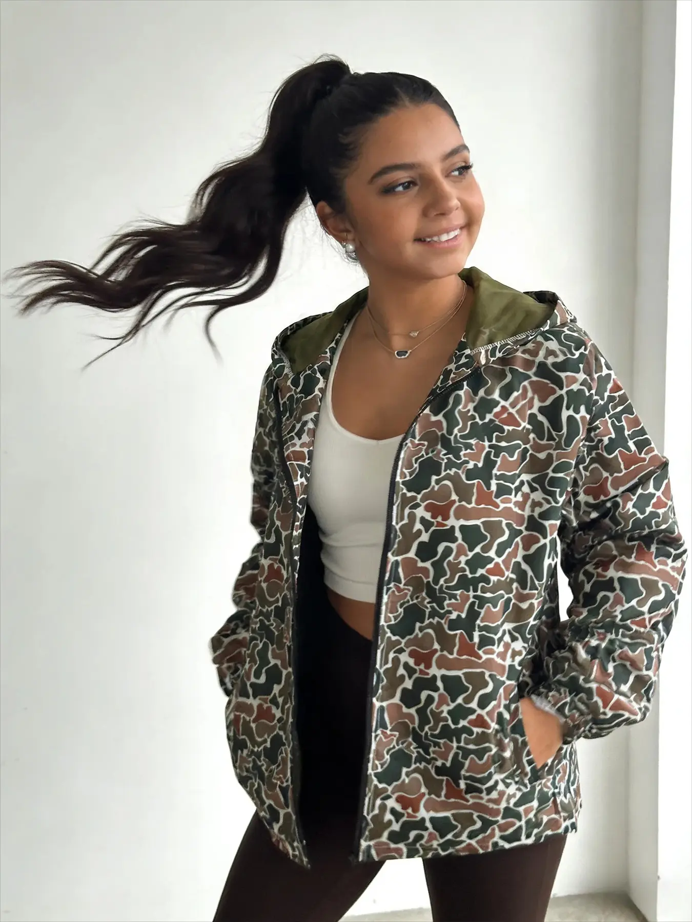 Women's Lightweight Camouflage Hooded Jacket - Casual Loose Fit, Full Front Zip & Side Pockets, Durable Polyester, Stand Collar, Ideal for Spring & Fall, Outdoor Clothing | Sporty Jacket | Polyester Jacket