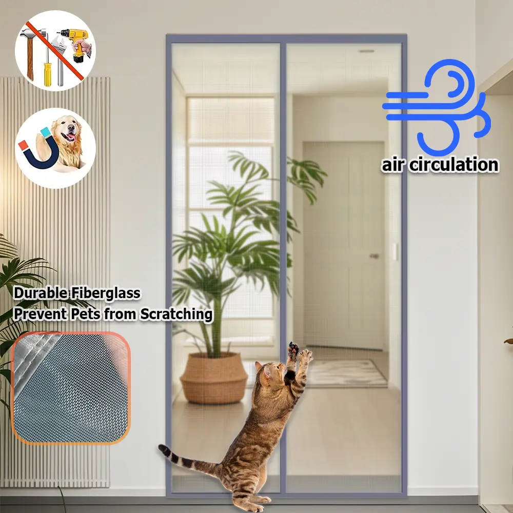 Gray Fiberglass Screen Door Curtain - Easy Install No-Drill Magnetic Close, Storage Clasps, Pet Scratch Prevention, Mosquito Proof, Silent Automatic Closing, Bug Free Home for Bedrooms, Balconies, Sun Protection