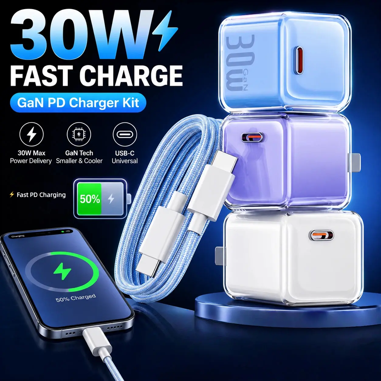 30W PD Gallium Nitride Fast Charging Bundle Charger - Transparent Ice Crystal Design, USB-C Data Cable, Type-C Adapter Plug, Portable Multi-Device Fast Charger for iPhone 16/15/14, Samsung Galaxy Smartphone, Fast Chargers White sohochic