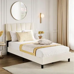 Twin Linen Upholstered Panel Bed Frame with Adjustable Diagonal Channel Tufted Headboard, Slatted Bed Base with Strong Wooden Slats, Optional Box Spring, Unique Indoor Bedroom Furniture, Adjustable Headboard
