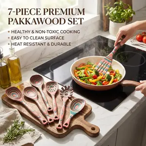 WOSPONFAN Pakkawood 7-Piece Wooden Cooking Utensils Set Pinkish-Orange Non-Stick Spoons for Non-Stick Cookware Rustic Aesthetic Kitchenware Valentine's Day Gift