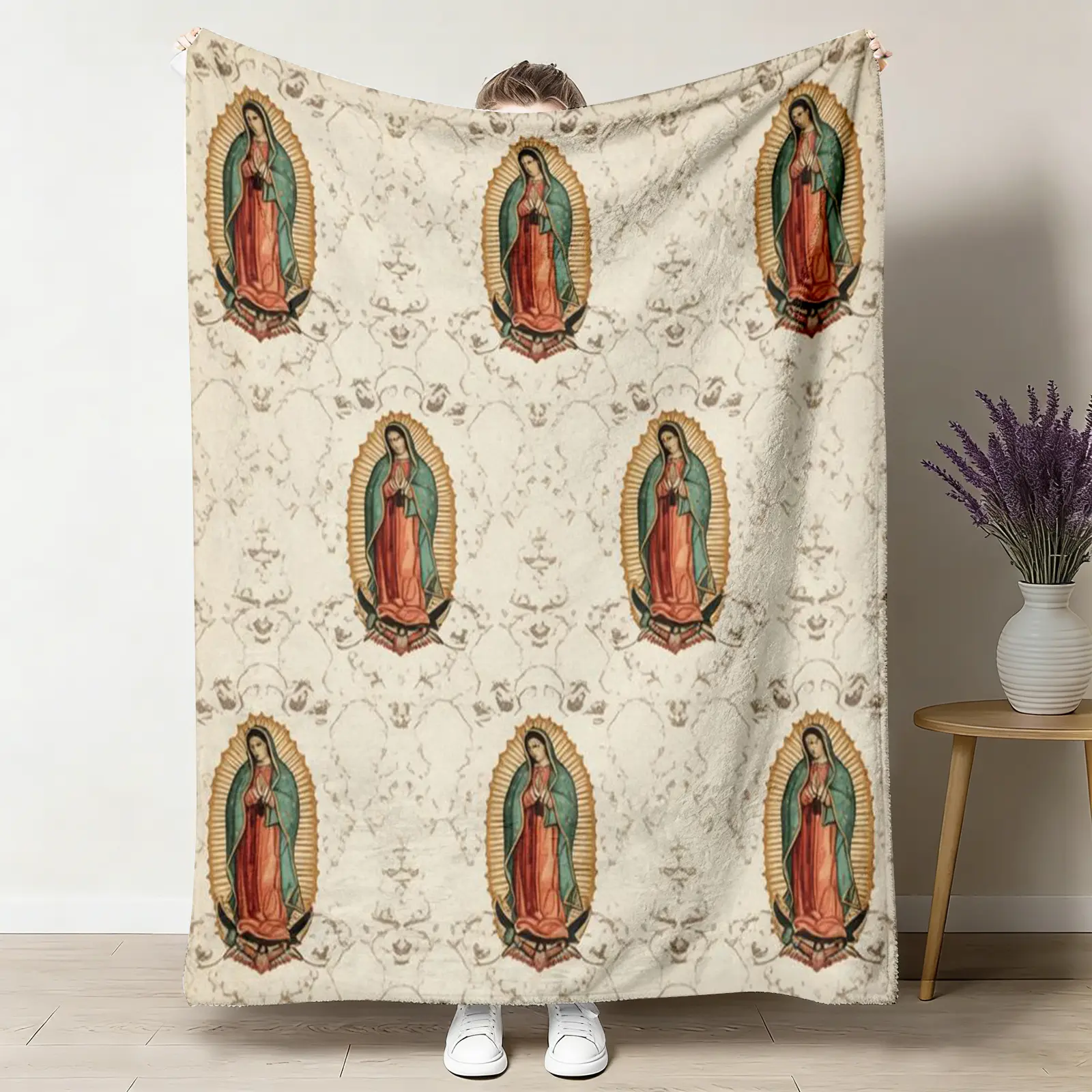 Our Lady of Guadalupe Large Mexico-Themed Patterned Traditional Flannel Blanket, Vintage Heritage, Soft Cozy Warm Repeat Pattern, Mexican Catholic Gift for Her, Holy Faith Bedroom Couch Holiday Decor, Throws, Large Blanket Throws, Mexico-Themed Throws
