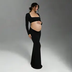 Women Cut Out Backless Maternity Dress Square Neck Maxi Pregnant Dress for Photoshoot Photography