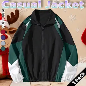 Men's Spliced Color Zip Jacket Regular Fit Casual Long Sleeve Polyester Coats Tops with Zipper for Fall Winter Daily Wear, Outfits, Menswear Halloween Gifts