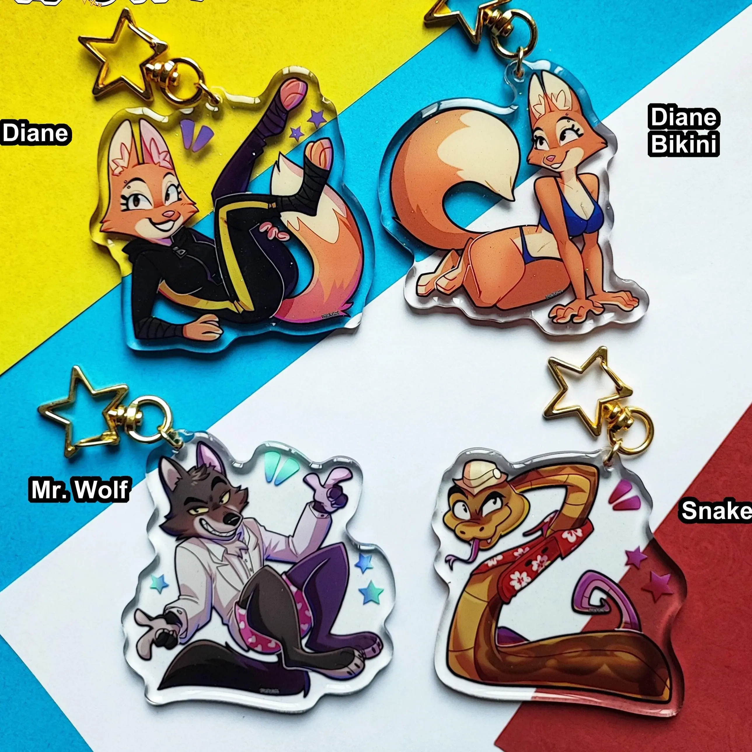 Acrylic Keychains : Bad Guys Diane, Mr. Wolf, Snake, Beastars