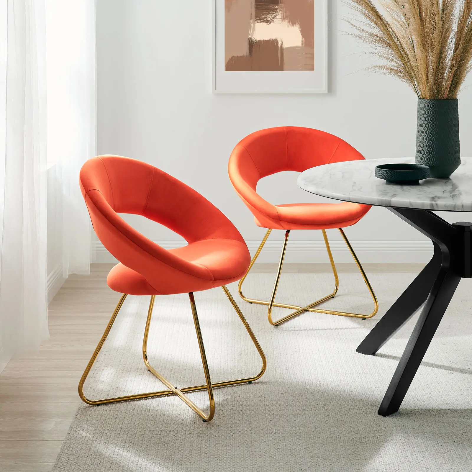 Modway Nouvelle Comfy Curved Performance Velvet Dining Chair Set of 2, Gold Orange, Comfy Chairs, Curved Chair