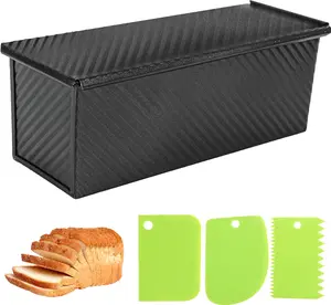 Spmarkt 2.2lb Black Pullman Loaf Pan with Lid, 13inch Full-Size Loaf Bread Pan/Tin with Dough Scraper Cutter for Baking Shokupan Sandwich Bread Bakeware