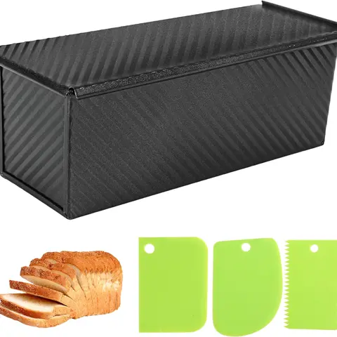 Spmarkt Non-Toxic Black Pullman Loaf Pan with Lid, 2.2lb 13inch Full-Size Bakeware with Dough Scraper Cutter for Baking Shokupan Sandwich Bread, Non Toxic Bakeware