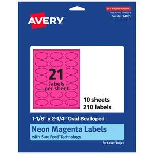 Avery Neon Magenta Paper Labels, 1-1/8" x 2-1/4" Oval Scalloped