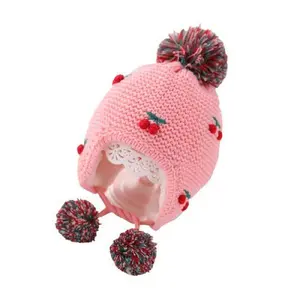 Pink Knit Winter Beanie Hat with Embroidered Cherries and Pom Poms, Fleece Lined