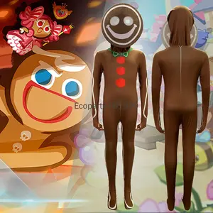 Adult Kids Gingerbread Man Cosplay Costume Boy Girls Christmas Brown Gingerbread Cookie Jumpsuits Outfit Purim Carnival Dress Up