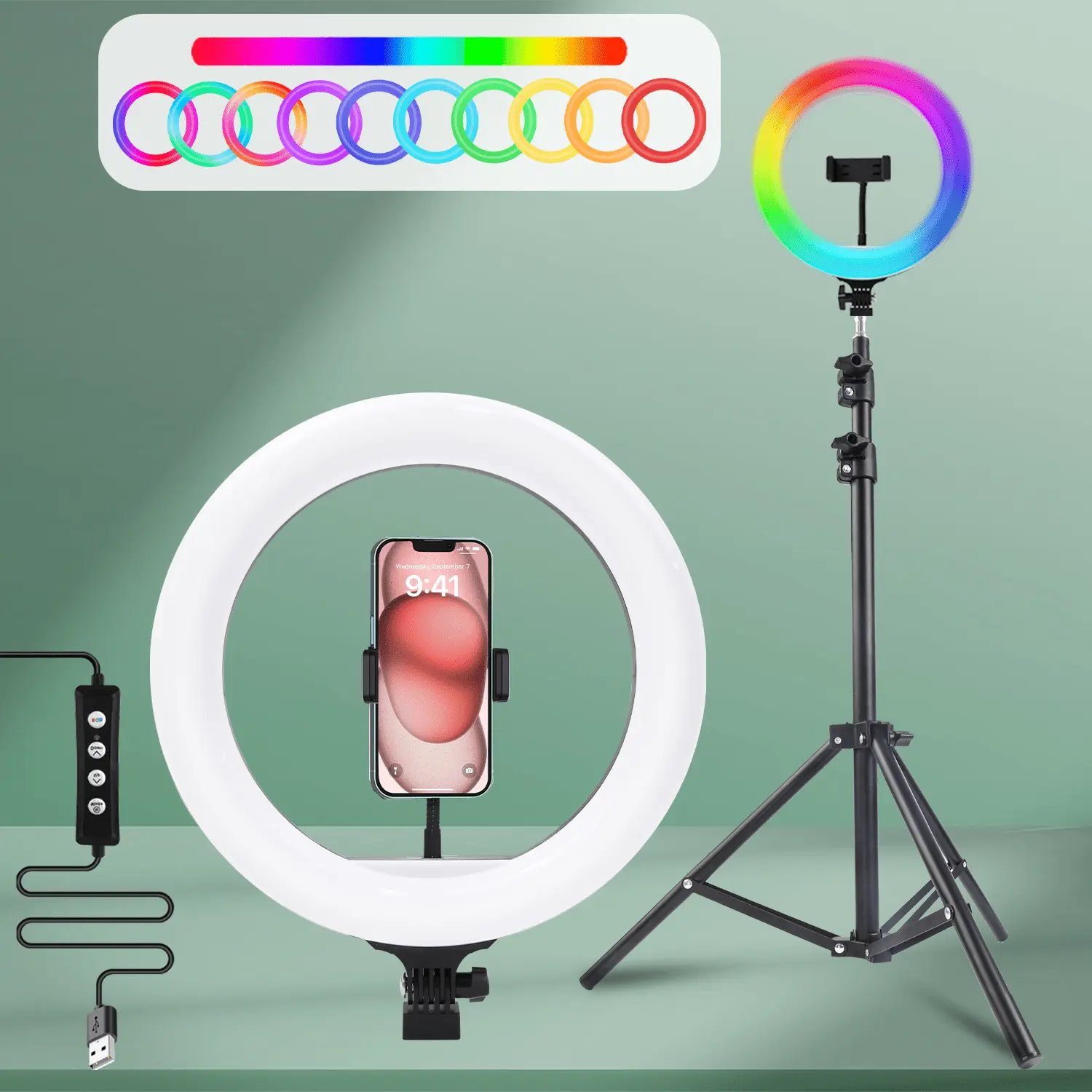 UEGOGO 10" Adjustable RGB LED Selfie Video Light Kit - 43.3" Flexible Tripod Stand, Rotatable Studio Light, Cellphone Accessories for TikTok Photography, Unboxing, Makeup Live Vlogging, Mobile, Group Photo
