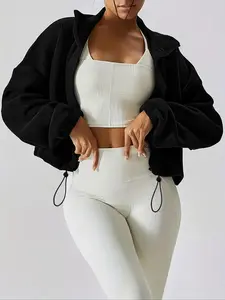 Women's Solid Drawstring Zip Up Fuzzy Crop Coat, Casual Basic Long Sleeve Drawstring Hem High Neck Fitted Outerwear for Fall & Winter, Ladies Clothes for Daily Wear, Jacket, Tops