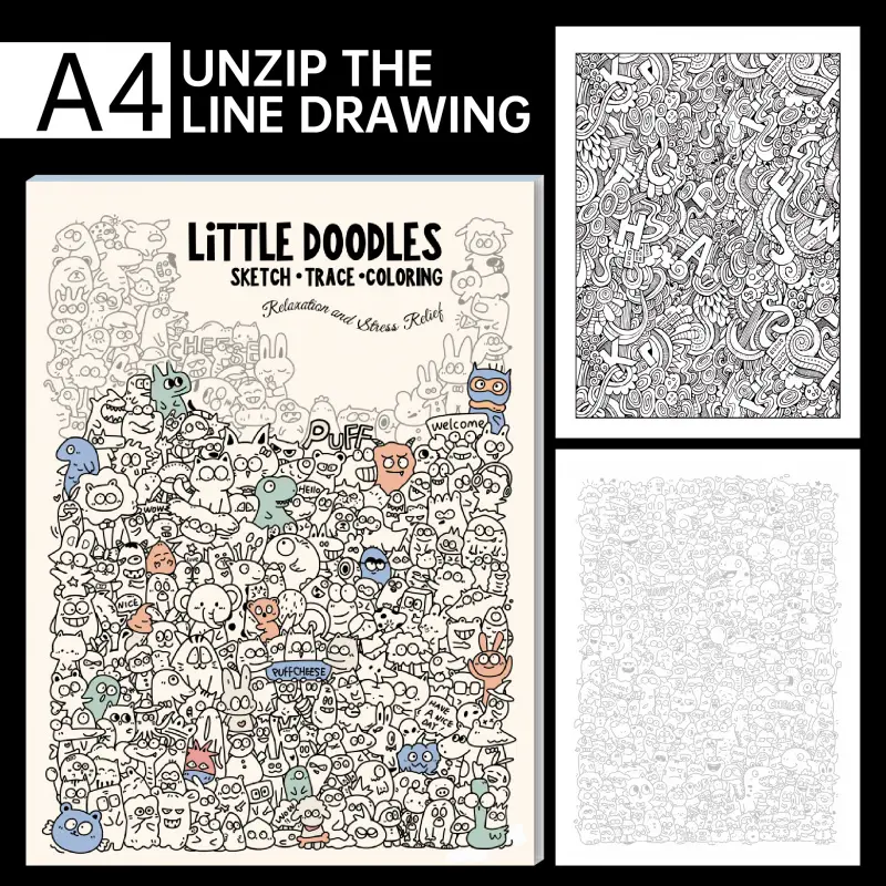 Little Doodles Coloring Book, Cute Cartoon Doodle Sketch Drawing Trace & Coloring Pages, Stress Relief Relaxation Activity Book For Adults & All Ages