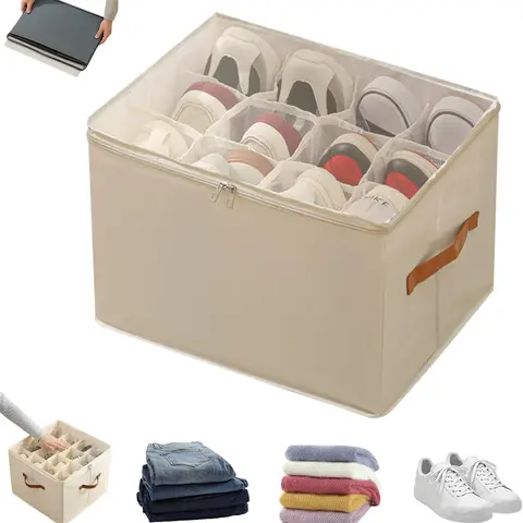 Underbed Storage Shoe Organizer for Closet Fits up to 12 Pairs with Adjustable Dividers Clear Cover Beige Soft Handles Smooth Zippers Customizable