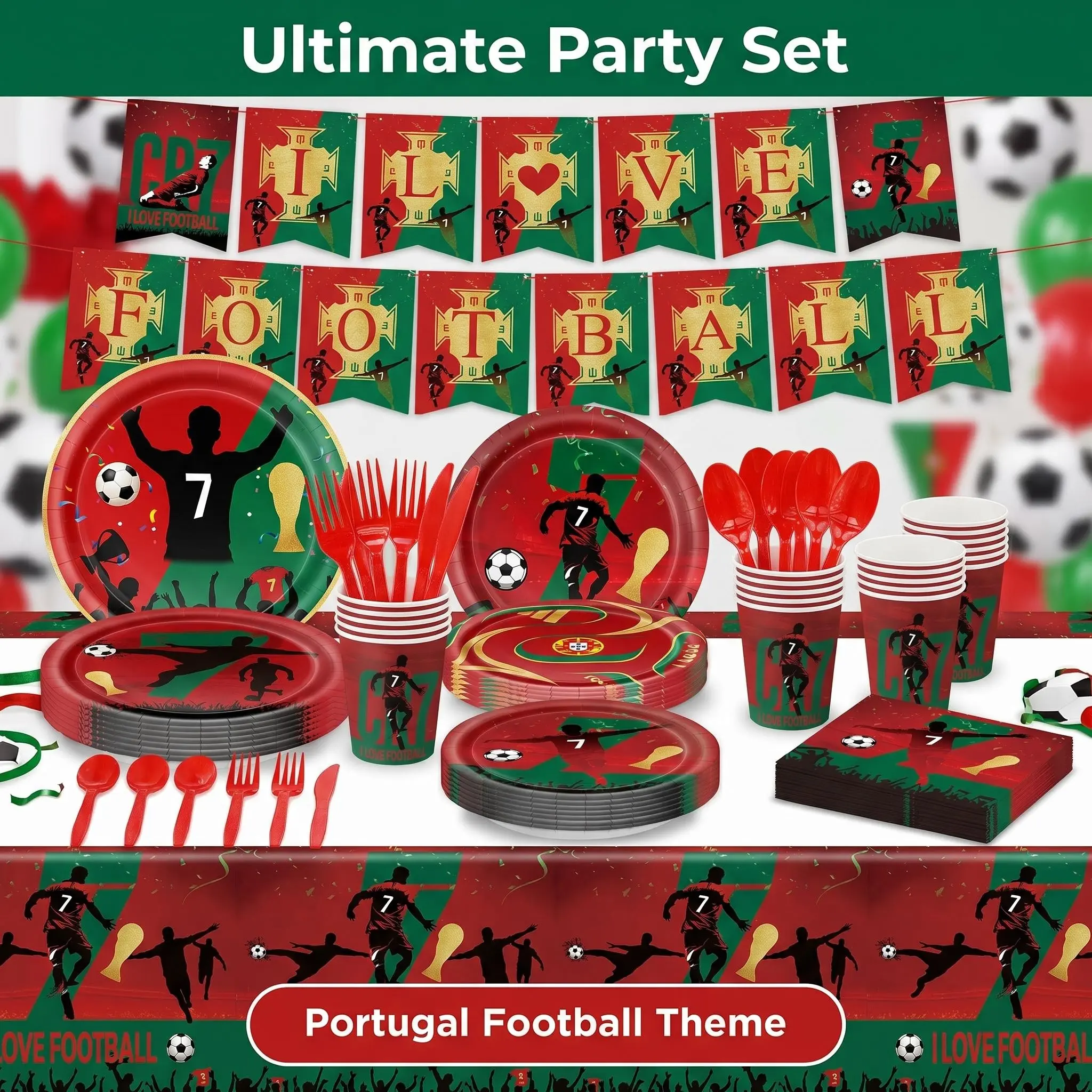 Soccer Themed Portuguese Flag Disposable Tableware Set - 152-Piece Kit Serves 10 Guests, Includes Plates, Cups, Napkins, Party Watch Party Essential, No Washing Needed