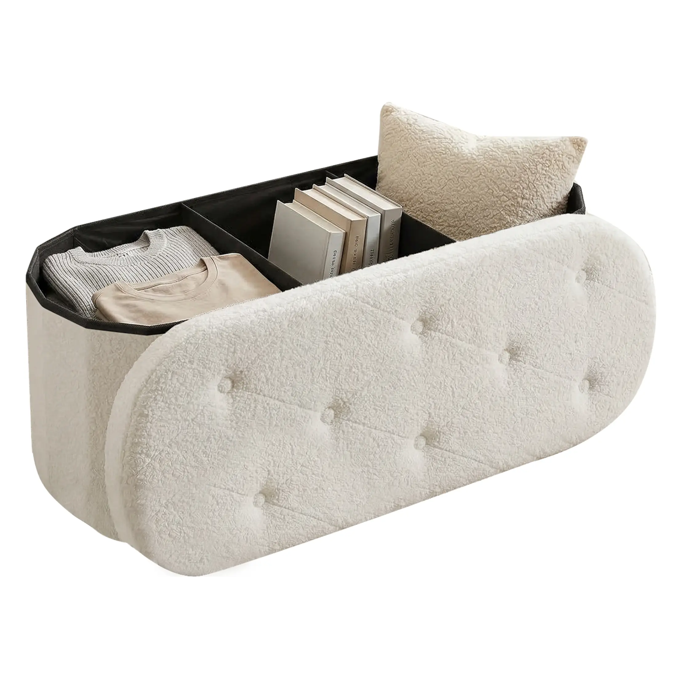 Sweetcrispy Folding Storage Ottoman Bench, Oval Round Ottoman End of Bed Foot Rest Bench Stool with Cushion, Storage Chest for Bedroom, Living Room, Entryway
