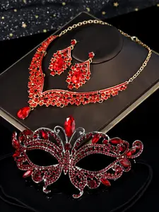 Women's Elegant Rhinestone Decorated Mask & Necklace & Earrings Set, Exquisite Trendy Wedding Bridal Party Accessories, Fashion Accessories for Party & Festival, Fashionable Jewelry Set
