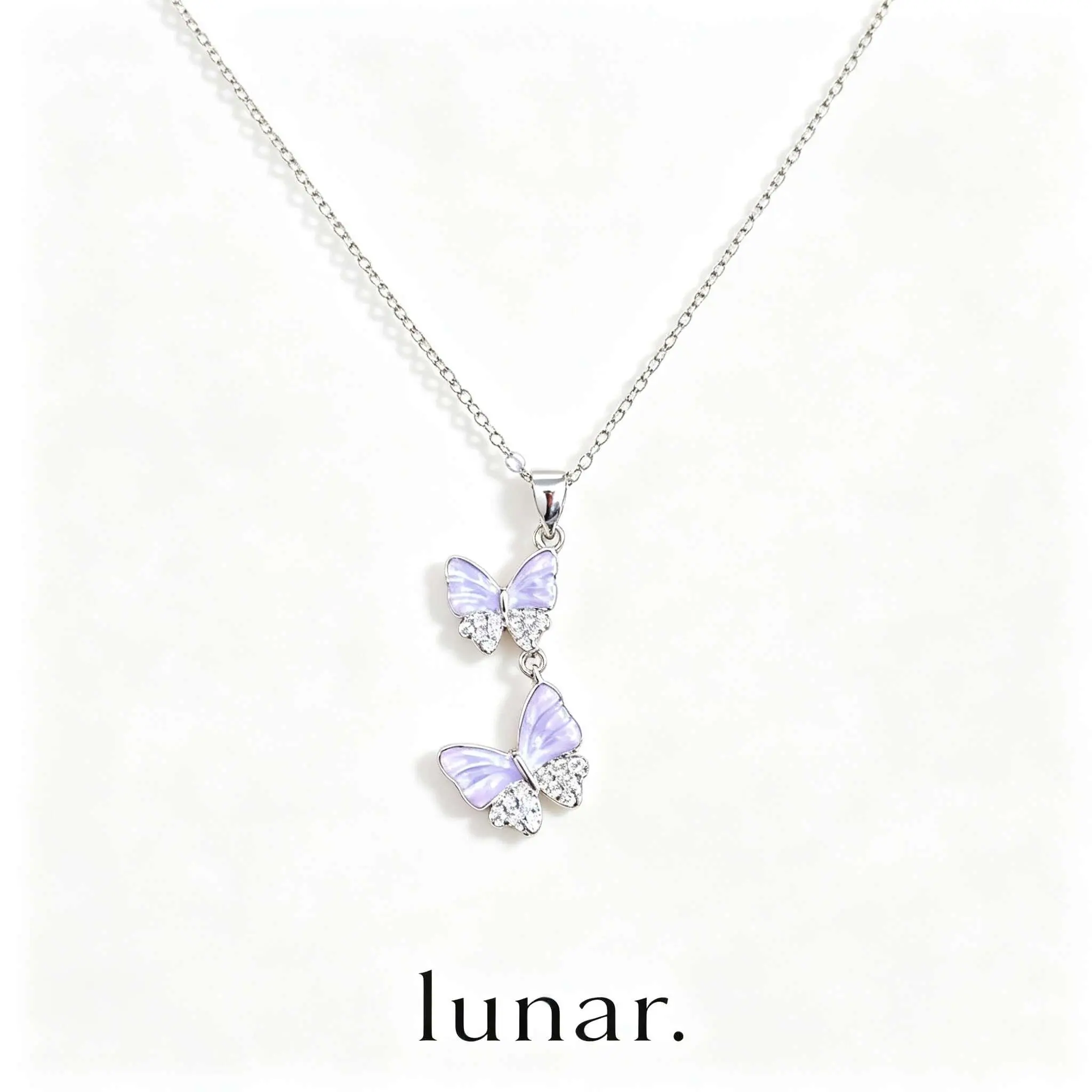 lunar Silver Tone Purple Butterfly CZ Pendant Necklace for Women - Dainty Double Butterfly Charm Choker, Cute Zirconia Chain Necklace 16-18 in