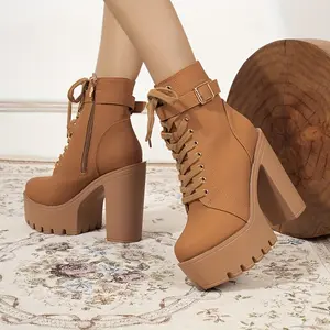 Women's Punk Style Platform Ankle Boots with Chunky Heel, Lace-Up Metal Buckle - Perfect for Parties & Casual Attire