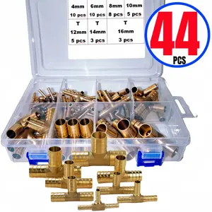 44-Piece Brass Fitting Set, 4mm 5/32" 6mm 1/4" 8mm 5/16" 10mm 3/8" 12mm 1/2" 14mm 9/16" 16mm 5/8" T-Shape Brass Barbed Hose Tee Fitting Connector, 3 Way Heavy Duty Barb Pagoda Air Fuel Water Oil Gas Tube Pipe Coupling Joint Adapter