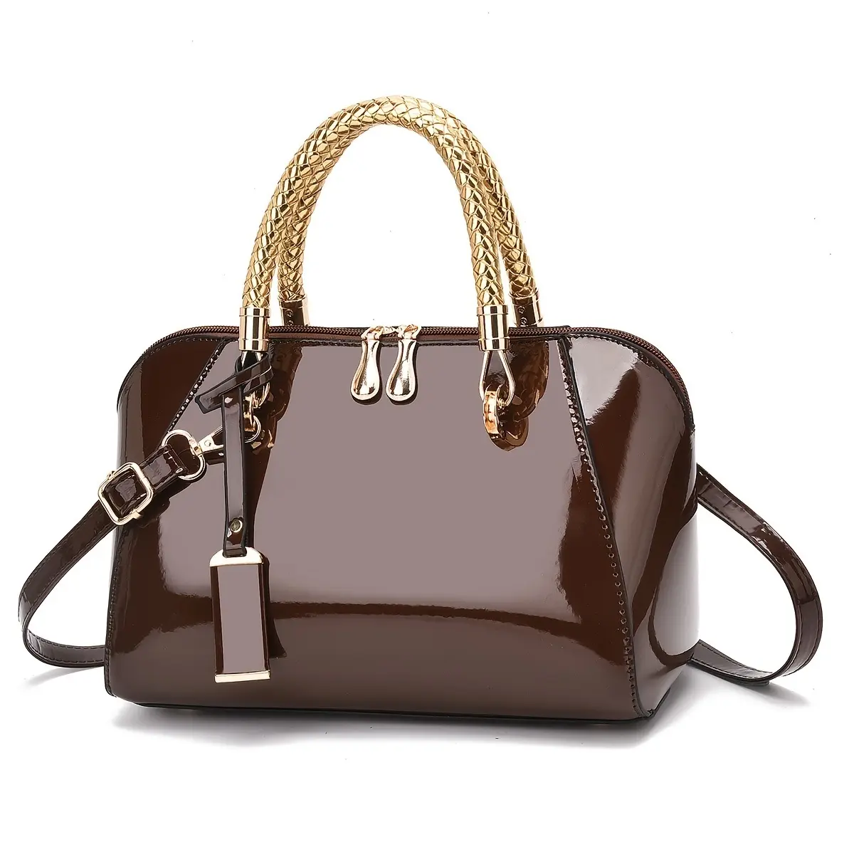 Leather Dome Satchel Handbag - Glossy Shell Tote Bag with Gold Braided Handles, Ladies Designer Top Handle Crossbody Purse for Work Evening