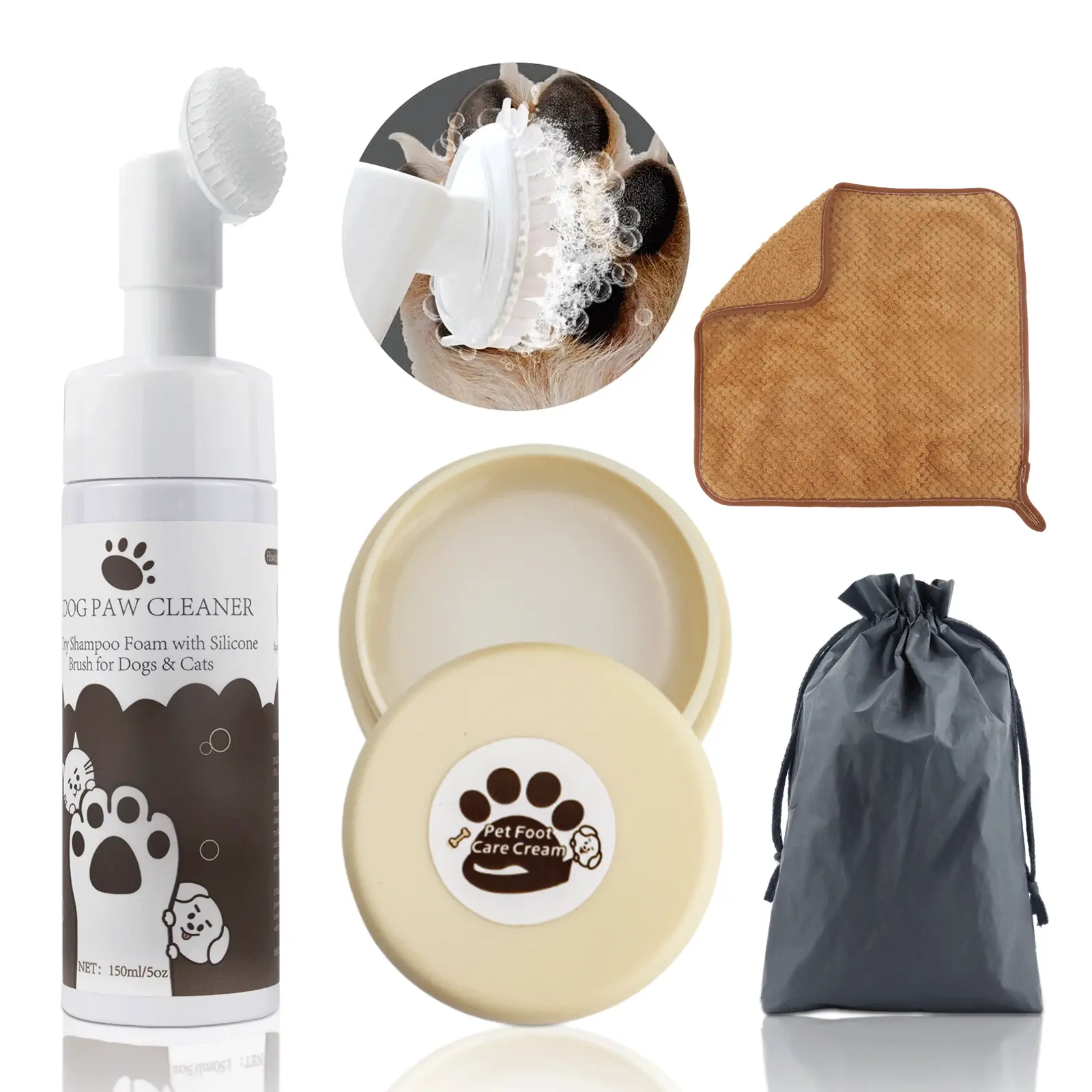 PetPawCare Dog Paw Cleaner No-Rinse 5 Oz with Balm & Microfiber Towel for Dry Cracked Paws & Nose Safe All-Natural Ingredients 4-in-1 Care Set for Dogs & Cats