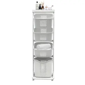 White 4-Tier Laundry Hamper Sorter Plastic Rolling Laundry Storage Organizer with Wheels Removable Baskets Space-Saving Cart for Bathroom Laundry Room