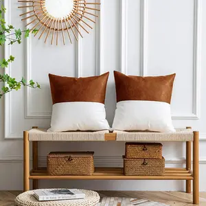 DAVINRICH 2-Pack 18x18 in Faux Leather-Cotton Throw Pillow Covers, Cognac Brown & White, Durable Easy-Care Modern Farmhouse Home Decor Accessories