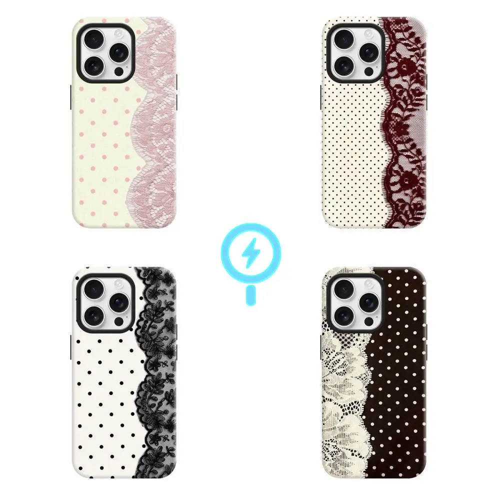 MagSafe-Compatible 2-in-1 Hard PC+Soft TPU Polka Dots Lace iPhone Series Casing, Glam Durable Full Coverage Protection Accessory with Shockproof, Anti-Skid, Anti-Yellowing, Wireless Charging Ready