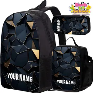 1/3-Piece Set with Personalized Text Customization: A New, Stylish, and Unisex Backpack [Geometric Color-Block Design]. Featuring a large-capacity lunch bag and a versatile backpack, this trendy set is specially designed for middle and high school student