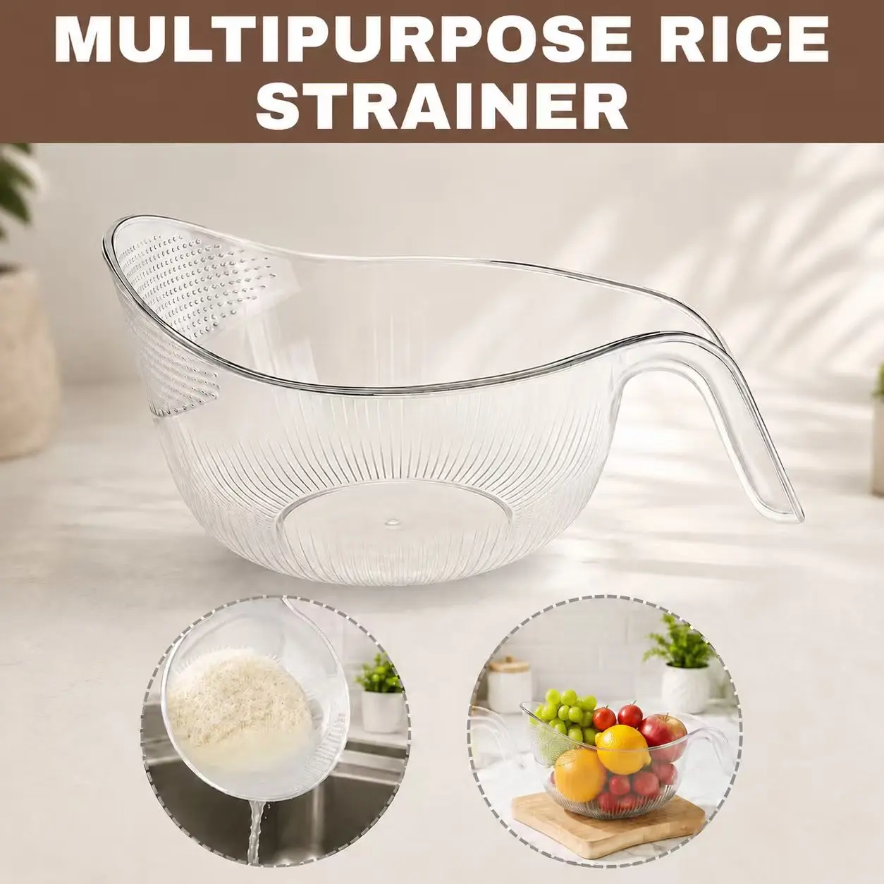 BPA-Free Transparent Plastic Multifunctional Rice Strainer with Handle, Sturdy Kitchen Colander for Draining Rice, Vegetables, Fruits