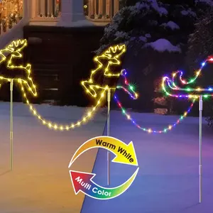 9.5FT Christmas Pathway Lights 3Pcs, Warm White & Multicolor, Elk and Sleigh, Yard Garden Lawn Walkway christmas lights outdoor Decor Ornaments Decoration