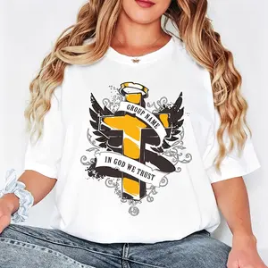 Casual Style Women's T-Shirt Cross With Wings And In God We Trust Text Design For Everyday Wear And Religious Events Perfect Gift For Faithful Friends And Family