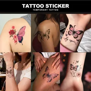 5Pcs Temporary Tattoo Watercolor Butterfly Rose Letter Series Fake Tattoo Stickers, 5 Sheets Pack, Semi-Permanent Durable Waterproof, Realistic Look For Women, Perfect For Daily Dating Party Body Art - Temporary Tattoos