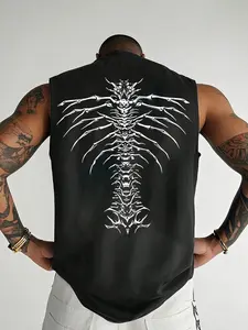 Men's Cyber Goth Skeleton Spine Graphic Muscle Tank Top - Aesthetic Metal Print Sleeveless Gym Shirt for Streetwear & Workout - Y2K Grunge Oversized Cut-off Tee Casual Workout Tops
