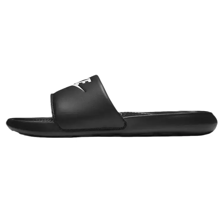 NIKE Victori 1 Men's Slide Shoe, Black White Sporty Slip-on with Soft, Contoured Footbed and Textured Rubber Flat Sole, Casual Wear, Padded Strap