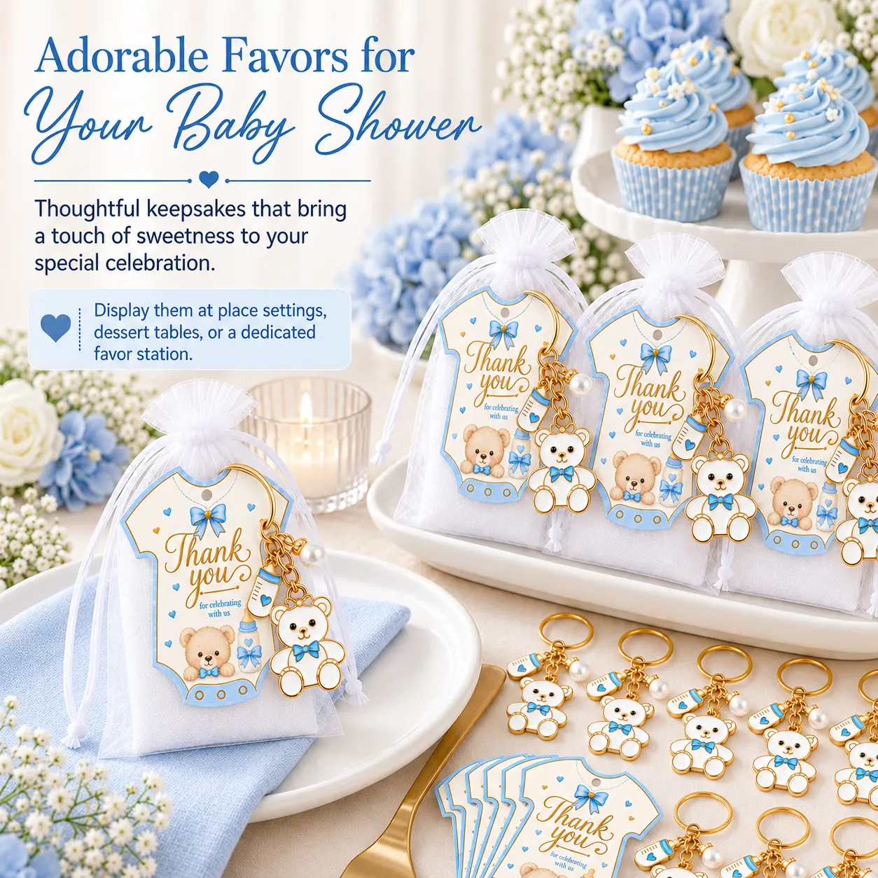 30sets Baby Boy Teddy BearKeychain Kawaii Baby Shower Favors, CuteBear & Baby Bottle Charm Keychains withThank You Cards and White Organza Bags,Baby Shower Guest Gifts, Boy