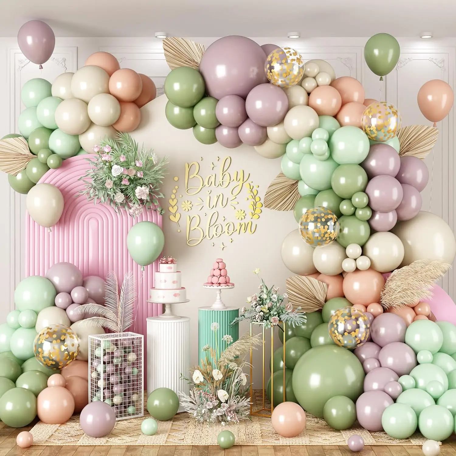 163Pcs Pink and Sage Green Balloon Arch Kit, Baby in Bloom Baby Shower Decorations for Girl's Boho Floral Wedding Baby Shower Birthday Gender Reveal Party Supplies