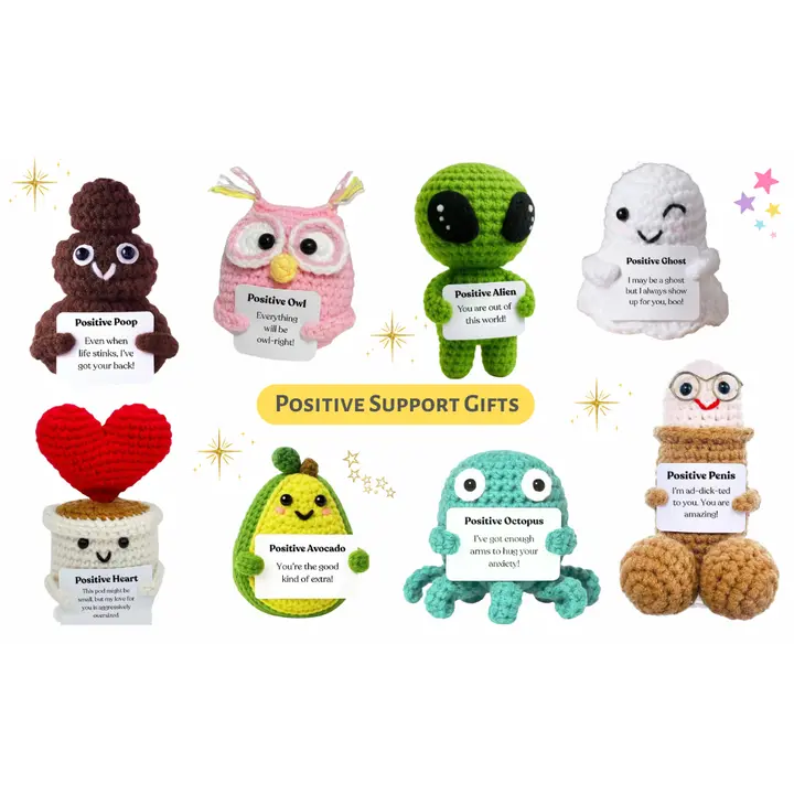 Handmade Positive Alien Crochet Doll Collectibles - 1 Set Playful Plushies with Love, Uplifting Greeting Cards, Affirmation Messages, Christmas Gift, Emotional Support Desk Decor, Birthday