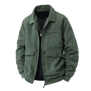 Men's military green corduroy loose jacket - features a lapel design, zipper closure, and patch pockets; perfect for outdoor recreation and everyday wear during cool weather