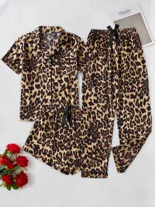 Elegant Women's 3-Piece Leopard Print Loungewear Pajama Set, Collared Fitted Short Sleeve and Long Pants, Cute Bow Design for All Seasons