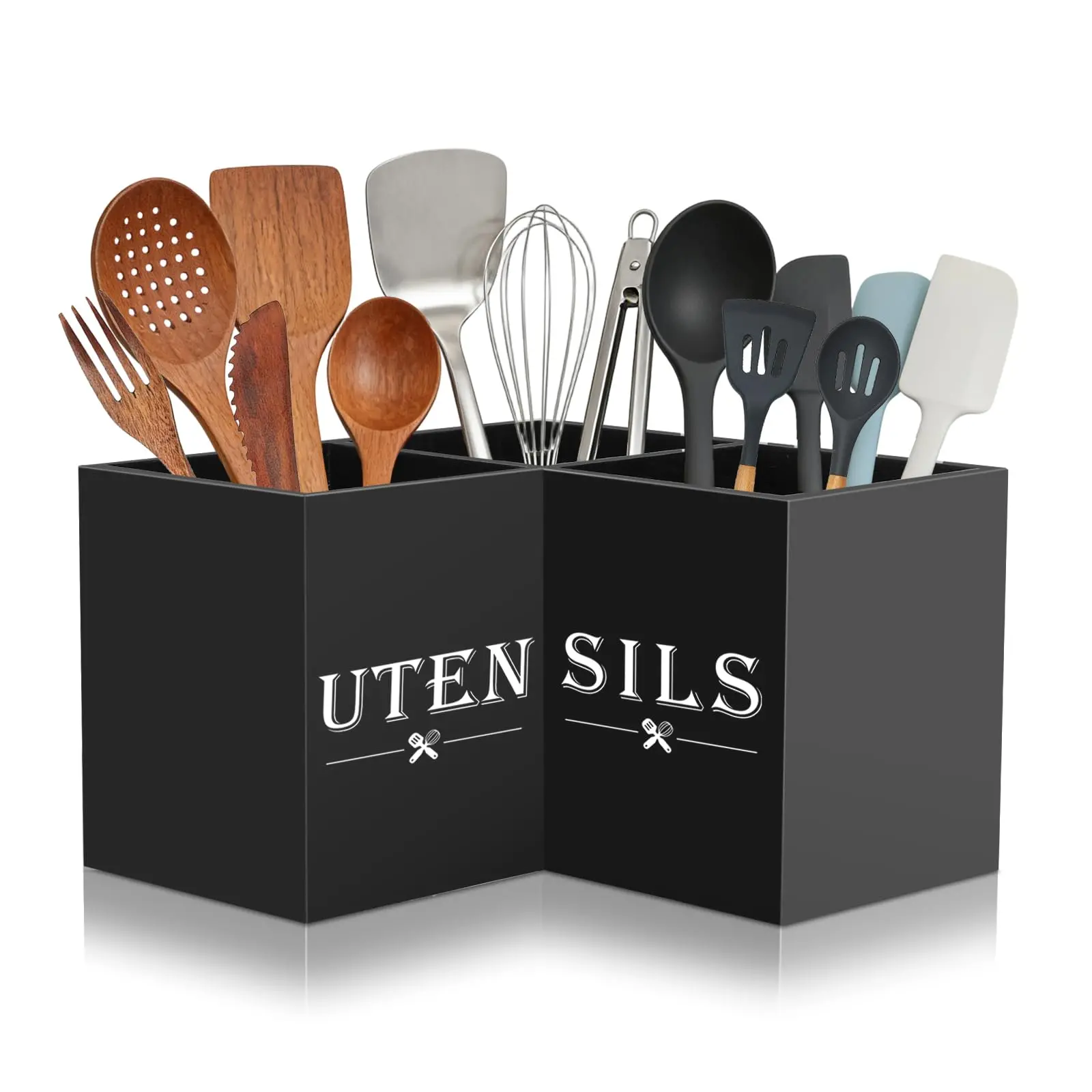 Large Black Wooden Kitchenware Utensil Holder - 3-Compartment Countertop Organizer for Storing Cooking Spatulas and Spoons